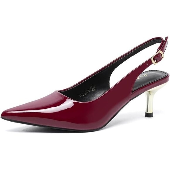 Amoji Womens Burgundy Low Kitten Heels Slingback Pump Pointed Toe With Buckle - Picture 1 of 7